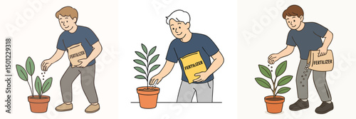 Illustration of a teenage boy fertilizing a plant, wearing a dark blue t-shirt and gray sweatpants