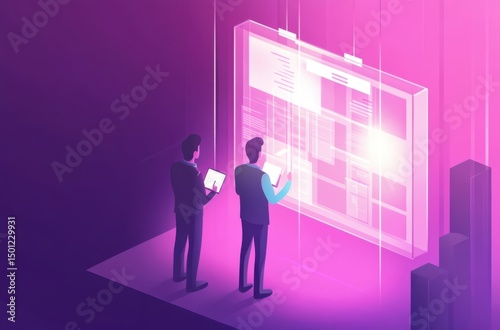 Team strategy session in bright office, isometric vector with