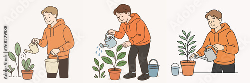 Vector image of a teenage boy watering plants, wearing an orange hoodie and black pants