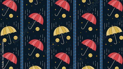 Umbrellas and raindrops: a cheerful rainy day illustration.