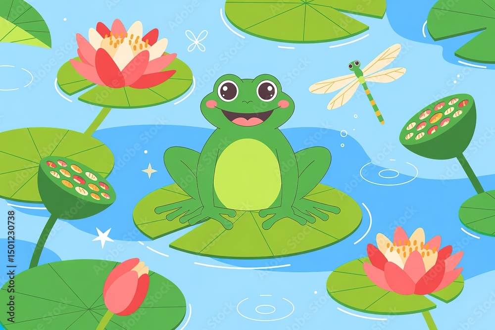 Obraz premium Green cartoon frog sits happily upon a lily pad in a pond under a dragonfly