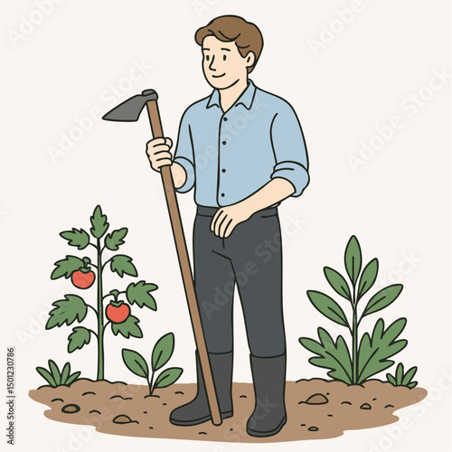 Flat design illustration of young European man holding hoe while standing in garden, light blue clothes and black pants