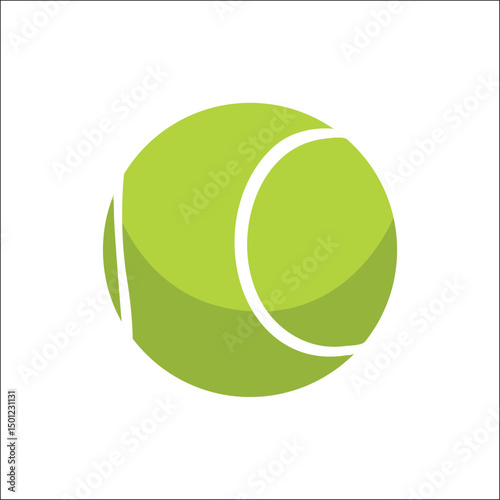 Vector illustration of a bright green tennis ball with white curved lines isolated on a white background, suitable for sports, tennis-related designs, logos, and athletic themes in flat vector style.
