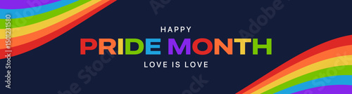 Pride Month Banner. Happy Pride Month Rainbow Text and Pride Flag Ribbon Decoration. LGBTQ Pride Month Rainbow Background Vector Illustration