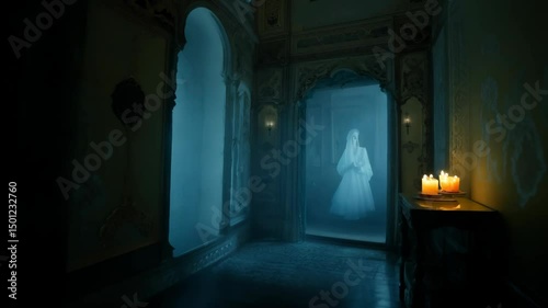 Ghostly Woman in Victorian Era Mansion, Dark Hallway, Eerie, Supernatural, Gothic, Mystery, Haunted House, Paranormal Activity, 4k.