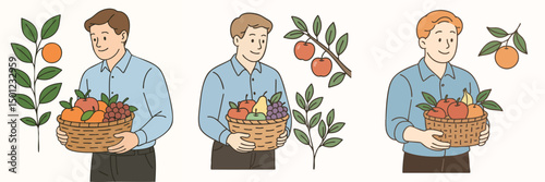 Image of young European man carrying a basket of fresh fruit, light blue shirt and black trousers