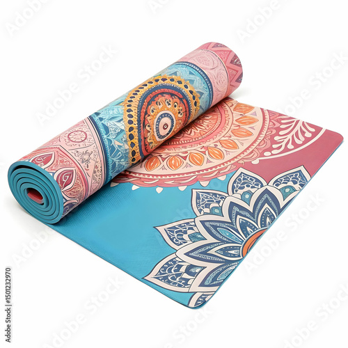 A yoga mat is isolated on a white background, showcasing its textured surface, non-slip design, and cushioned support