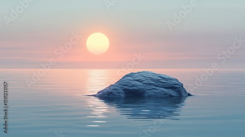 A serene rock emerges from the tranquil sea as the sun sets peacefully