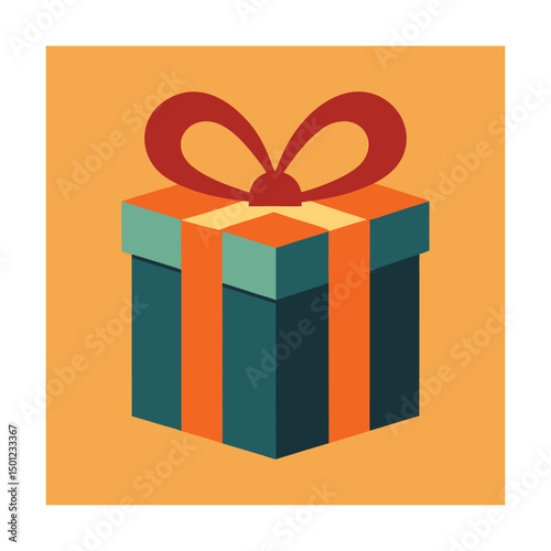 A colorful vector illustration of a festive gift box with a red ribbon on orange background