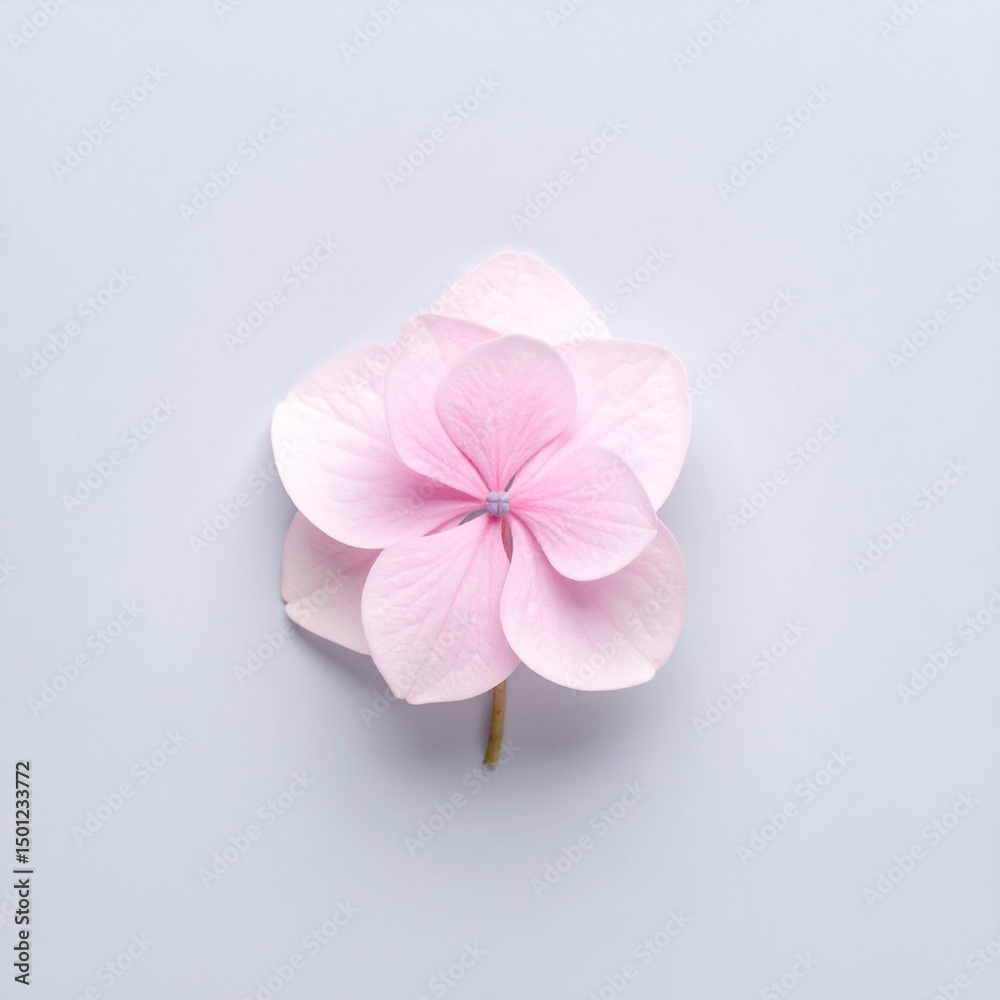 Obraz premium 青みグレーのマット背景にピンクのアジサイ一輪が置かれ、柔らかい光が花びらを照らし静かで柔らかな時間が流れる一枚