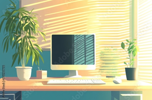 Vector illustration of peaceful office, sunlit environment,