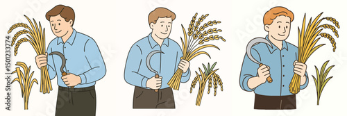 Illustration of young European man harvesting rice, light blue shirt and black pants