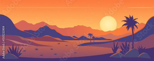 Sunrise in the desert. Beautiful landscape of red canyons, palm trees and vegetation in the desert area. Wild West. Hot climate. Sandstones. Amazing red mountains.