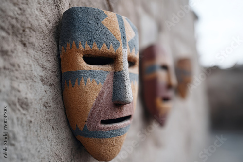 Mystical clay masks whisper ancient secrets, resonating with the spirit of African harvest festivals and Dia de Muertos reflections photo
