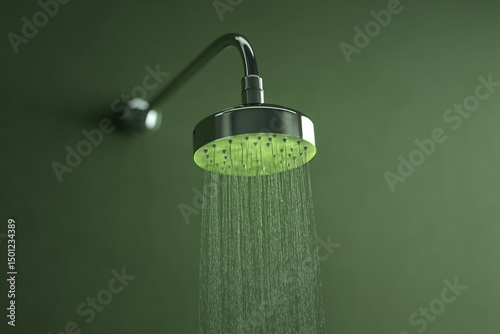 A rain showerhead streams verdant-tinted water, evoking spa oases and the Japanese festival of Misogi's cleansing rituals