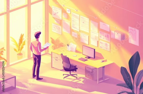 Vector isometric illustration of modern office with male startup