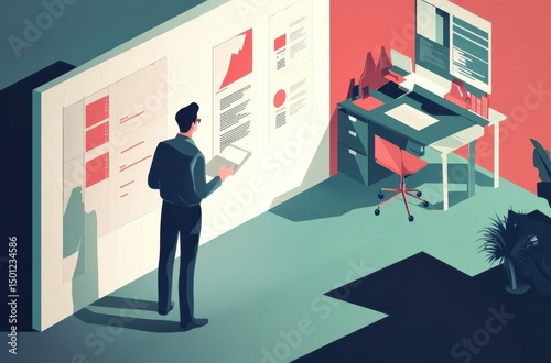 Vector isometric illustration of modern office with male startup