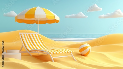 A sunny beach with a striped lounge chair, ball, and umbrella evokes summer
