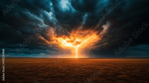 Mesmerizing lightning pierces surreal amber twilight, invoking Tempest Day and celestial anomalies, beneath roiling storm-bellied clouds