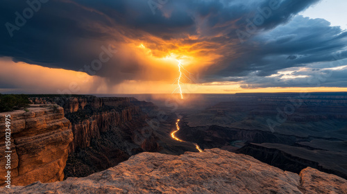 A fiery bolt electrifies twilight over a serene canyon, echoing myths of Thor's day and wild earth rhythms