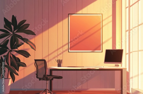 Vector modern workspace with poster frame, vertical panel
