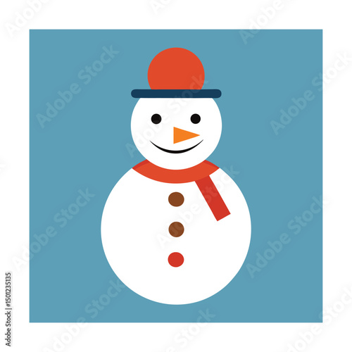 Adorable vector illustration of a smiling snowman wearing a hat and a cozy red scarf