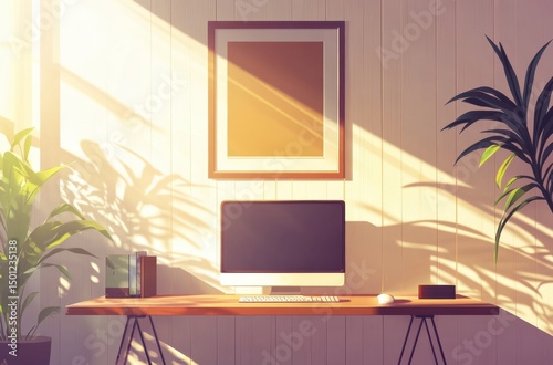 Vector modern workspace with poster frame, vertical panel
