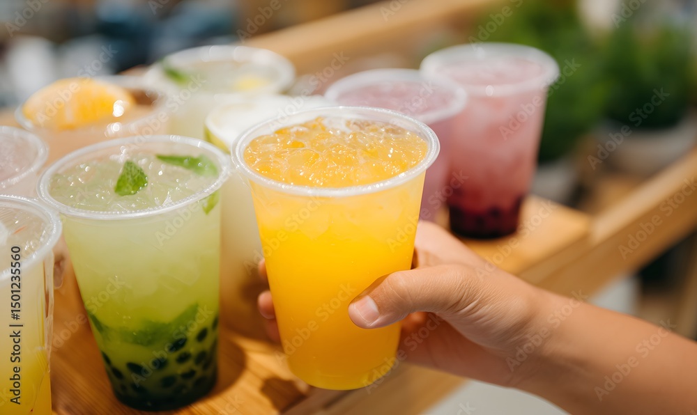 Fototapeta premium hand holding flavored drinks in plastic cup, Generative AI