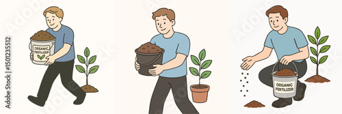 Vector of young man carrying organic fertilizer with bucket, light blue t-shirt and black pants