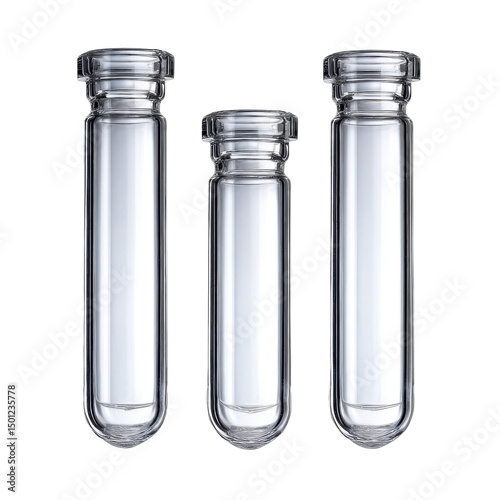 Three clear test tubes isolated on transparent background