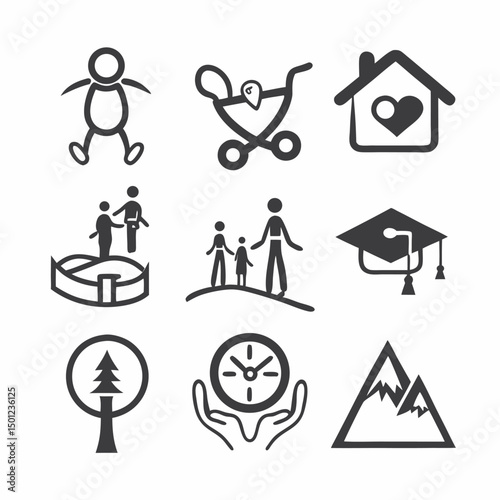 Stages of life pictogram set including birth family home education and nature
