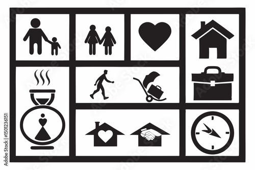 Pictogram symbols displaying life balance family relationships work and personal time management