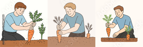 Image of young man harvesting carrots from the ground, light blue t-shirt and black pants