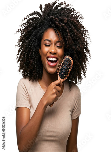 Smiling Black woman with curly hair holding hairbrush, isolated on a transparent background. PNG image showcases joy and hair care, ideal for beauty or hair product advertising