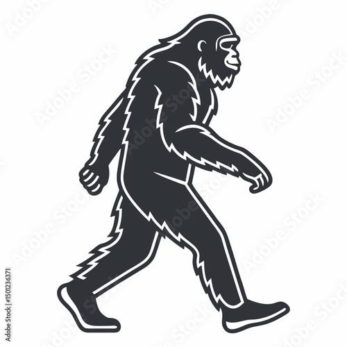 Silhouette of a walking bigfoot sasquatch isolated on white background