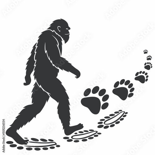 Bigfoot silhouette walking with footprints vector illustration graphic design element