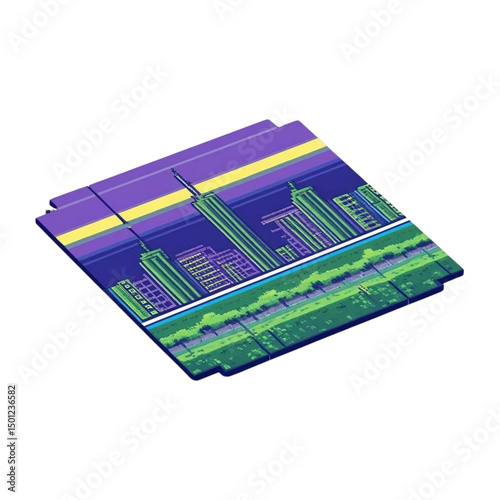 Pixel art city skyline with retro gaming aesthetic, digital cityscape backdrop art