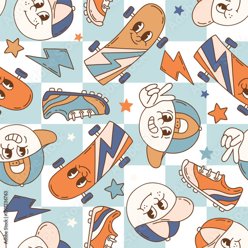 Seamless vector pattern with cute retro sport characters. Hand drawn skateboard background. EPS 10 vector file. Perfect for textile, wallpaper or nursery print design.