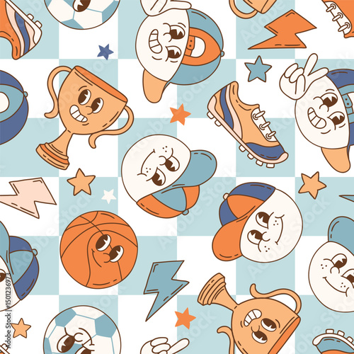 Seamless vector pattern with retro sport characters. Hand drawn ball game wallpaper. EPS 10 vector file. Perfect for textile, wallpaper or nursery print design.