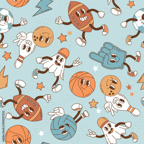 Seamless vector pattern with retro sport characters. Hand drawn ball game and racket sport illustration. EPS 10 vector file. Perfect for textile, wallpaper or nursery print design.