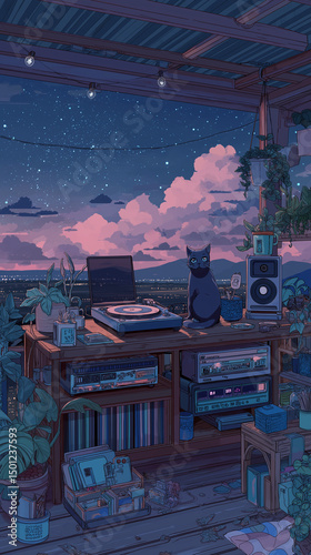 DJ mixing lo-fi beats on a cozy rooftop studio at night