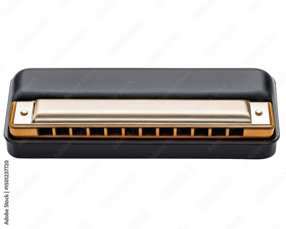 Classic harmonica in a black case with gold trim on a transparent background Classic harmonica in a black case with gold trim on a transparent background