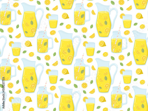 Seamless pattern with lemonade glasses, lemon slices, mint leaves. Bright background with fresh summer drink