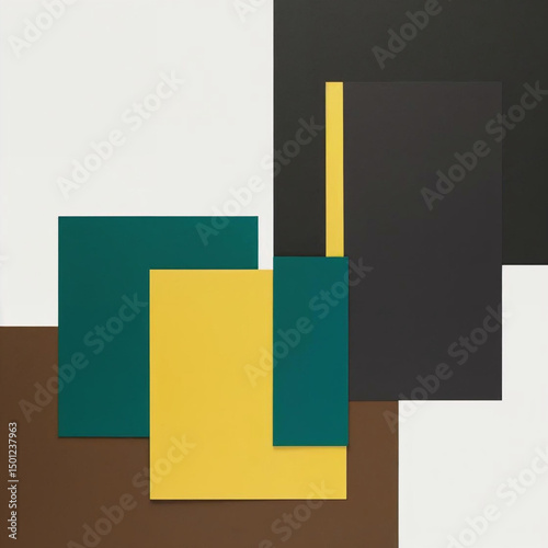 Abstract geometric shapes in brown yellow green black and white composition art