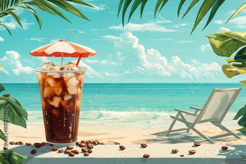 An iced coffee sits on a ledge overlooking a beautiful ocean beach, with tropical leaves