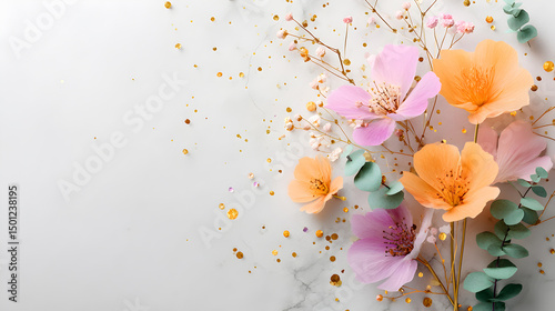 Colorful floral arrangement with delicate pink and orange flowers on a light marble background, creating a serene and elegant atmosphere for design projects. Selective focus