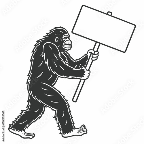 Monochrome illustration of bigfoot carrying blank signboard perfect for your message