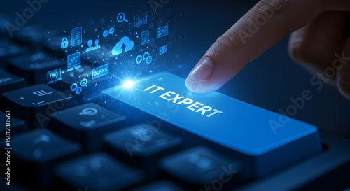 It expert pressing button on keyboard for cloud computing and cybersecurity solutions services support