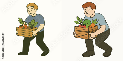 Illustration of a young man lifting a vegetable crate, light blue t-shirt and black pants