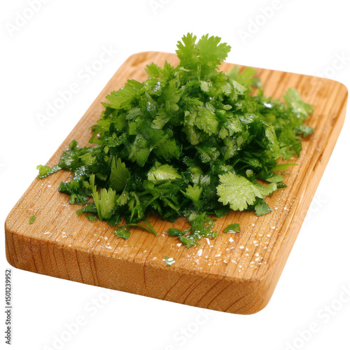 Chopped cilantro on board isolated on transparent background